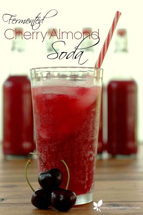 Fermented Cherry Almond Soda Fermented Soda, Ginger Bug, Homemade Soda, Maraschino Cherries, Water Kefir, Fermentation Recipes, Soda Recipe, Fermented Drink, Cherry Almond