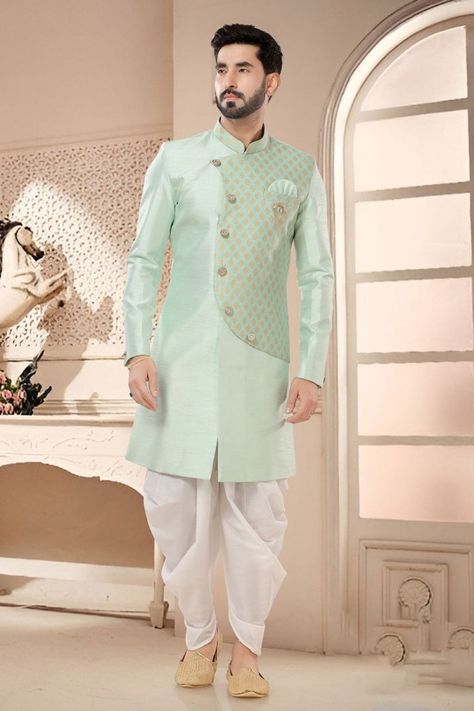 Mint Green Designer Semi Indo Western Outfit Sherwani With Dhoti, Pakistani Suits Party Wear, Indo Western Outfit, Indowestern Sherwani, Lehenga Style Saree, Readymade Salwar Kameez, Pista Green, Lehenga Choli Wedding, Bollywood Dress