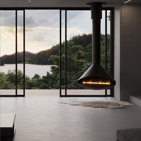 Suspended Fireplace | Modern Eco Bioethanol Fires | Naked Flame NZ Mid Century Modern Hanging Fireplace, Suspended Electric Fireplace, Suspended Fireplace Modern, Hanging Fireplace Living Room, Unique Fireplace Design, Pendant Fireplace, Nordic Fireplace, Cabin Fireplace Ideas, Eco Fireplace