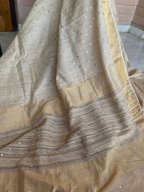 Pure Handloom khadi tusser silk saree with beautiful Mukesh work done(dye able) #khadi #khadisaree #silk #silksaree #zariwork #addons Mukesh Work Embroidery, Mukesh Work Saree, Khadi Sarees, Mukesh Work, Partywear Suits, Saree Ideas, Khadi Saree, Embroidery Saree, Indian Saree