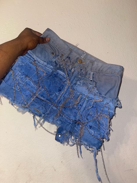 Custom Denim Skirts, Distressed Denim Mini Skirt, Distressed Skirt Outfits, Custom Skirt Denim, Custom Denim Skirt Outfit, Denim Nails Ideas, Custom Jean Skirt, Custom Denim Skirt, Custom Skirts