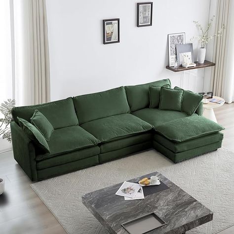 Amazon.com: KIVENJAJA Chenille L-Shaped Modular Sectional Sofa, 3-Seater Comfy Cloud Couch with Ottoman/Chaise & 5 Pillows for Living Room Bedroom Office Apartment, 111.5”W, Green : Home & Kitchen Green Sofas, Cloud Couch, Funky Living Rooms, U Shaped Couch, Large Sectional Sofa, U Shaped Sectional Sofa, Couch With Ottoman, Modular Couch, Sofa Sets