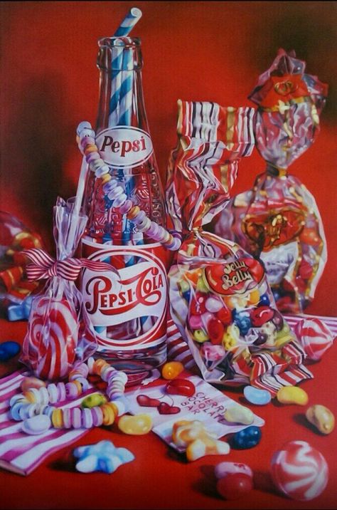 KATE BRINKWORTH http://www.widewalls.ch/artist/kate-brinkworth/ #contemporary art #design #photorealism Kate Brinkworth Gcse Art, Kate Brinkworth, Sweets Art, Still Life Artists, Candy Art, Food Painting, Pepsi Cola, Art Theme, Expressive Art