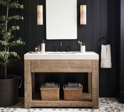 Bathroom: Ideas, Inspiration, Furniture &amp Mirror Pottery, Custom Bathroom Vanity, Shaped Mirror, Single Wide, Porcelain Sink, Single Sink Vanity, Construction Crafts, Sink Vanity, Powder Bath