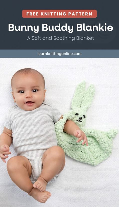 Give your little one a new cuddle buddy by making this adorable knitted bunny lovey blanket that also makes for a great last-minute handmade baby shower gift. This free knitted baby blanket pattern is great for practicing kfb and yo increases as well as k2tog, and p3tog decreases. | More free knitting patterns and tutorials at learnknittingonline.com #knittingforbeginners #babyknittingpatterns #handmadegifts #easyknittingpatterns Easter Knitting, Knitting Space, Knitted Bunny, Free Baby Blanket Patterns, Easy Knitting Patterns Free, Bunny Lovey, Bunny Blanket, Easy Baby Blanket, Handmade Baby Shower Gift