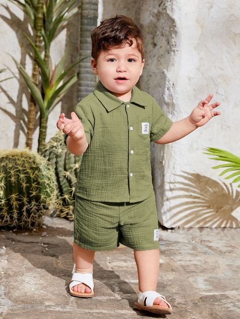 Army Green  Collar   Letter  Embellished Non-Stretch Summer Baby Boys Clothing Toddler Boy Outfits Summer, Toddler Boy Summer Outfits, Boy Letter, Toddler Boy Summer, Boys Summer Fashion, Trendy Romper, Baby Letters, Brand Clothes, Boys Summer Outfits