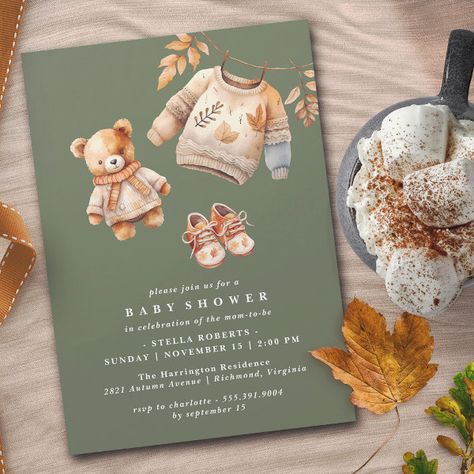 Dark Forest Green Cute Neutral Autumn Baby Shower Invitation Fall Baby Shower Invitations, November Baby Shower, Fall Baby Shower Invites, Boy Shower Invitations, Modern Fall, Earth Tone Colors, Baby Shower Invites, Invitation Ideas, Baby Shower Fall