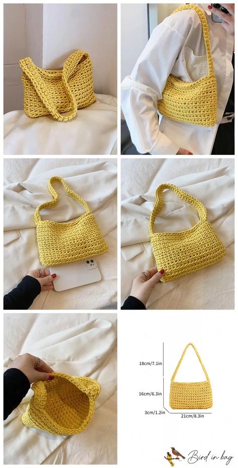 Crocheted square bag with knitted yarn and single shoulder strap. Perfect for carrying your Crochet Square Bag, Bucket Bag Pattern, Quick Crochet Projects, Crochet Shoulder Bag, Crochet Shop, Crochet Market Bag, Quick Crochet, Crochet Square, Simple Bags