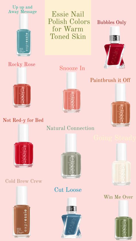 Essie Nail Polish for Warm Toned Skin #softautumn #deepautumn #trueautumn #lightspring #brightspring #warmspring #nailpolish #essie #essienailpolish Warm Skin Tone, Essie Nail Polish, Essie Nail, Color Analysis, Mani Pedi, Essie, Pretty Nails, Nail Inspo, Skin Tones