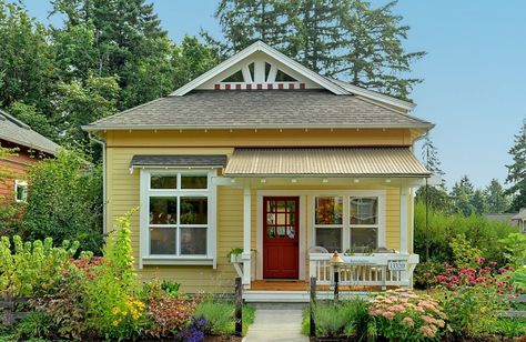 Small House Exterior, Beautiful Small Homes, Red Front Door, Craftsman Cottage, Yellow Cottage, Yellow House, Craftsman Style Home, Yellow Houses, Casa Exterior