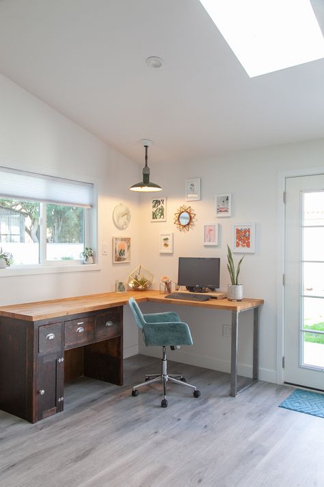 A rickety garage was converted into a beautiful space that includes a home office our client can work from home in.  #homeoffice #garageconversion #convertedgarage #workathome Converted Garage To Office, Home Office In Garage Ideas, Garage Makeover Office, Converting Garage Into Office, Converted Garage Office, Garage Converted To Office, Office In Garage Ideas, Garage Into Office Space, Garage To Office Conversion