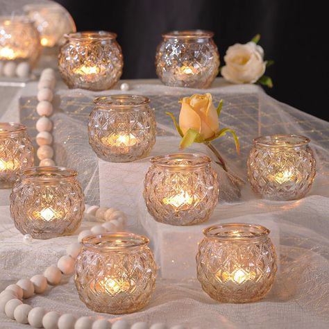 PRICES MAY VARY. ❤️❤️[ Unique Diamond Textured Style ]❤️❤️: This is the spark collision of noble and simple fashion. A set of charming candle holders with a unique diamond textured detail. Simple enough to stun but not overwhelm a casual event. The combination of diamond textured and glass makes the votives more textured. If you want a special and unforgettable wedding and party, DARJEN's nice design and well-made tea lights candle holder will be a necessity for your! ❤️❤️[ Exquisite Wedding Cen Tea Lights In Vase, Wedding Tea Lights, Simple Candle Centerpieces, Small Votive Candle Holders, Tea Lights Wedding, Gold Votive Candle Holders, Gold Votive Candles, Wedding Party Centerpieces, Wedding Shower Party