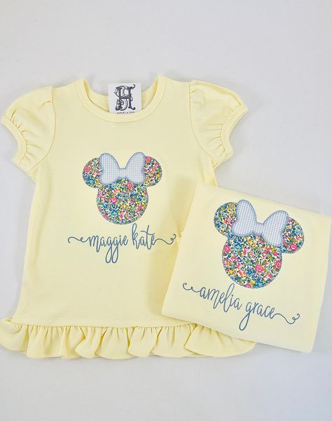 Magical Outfits, Kids Disney Shirts, Disney Fits, Blue Floral Fabric, Embroidery Product, Ruffled Shirt, Blue Embroidery, Yellow Shirts, Ruffle Shirt