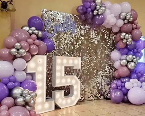 Quinceñera Decoration Ideas Purple, Lavender Quinceanera Ideas Sweet 15, Purple Quince Dessert Table, 15 Centerpieces Ideas Butterfly, Purple Quinceanera Decor, Led Lights Birthday Decor, 15 Birthday Ideas Decorations Purple, Purple Party Ideas Birthday, Lilac And Gold Quinceanera Decorations