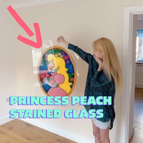 Stained Glass Princess Peach, Princess Peach Craft, Princess Peach Stained Glass Window, Princess Peach Bedroom, Princess Peach Room, Painting Princess, Peach Rooms, Peach Bedroom, Mario Room