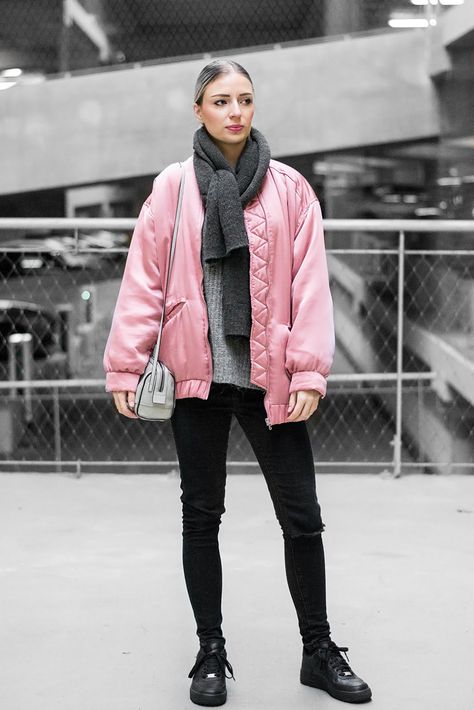 Mango, satin, pink, bomber jacket, cheap monday, calvin klein, bag Outfits With Striped Shirts, Blazer Rosa, Las Vegas Outfit, December Outfits, Lacoste Pink, Striped Shirts, Fashion Leaders, Vegas Outfit, Adam Lippes