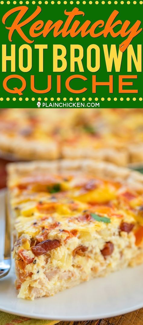 Kentucky Hot Brown Quiche - quiche loaded with turkey, tomatoes, bacon and swiss. Can make ahead of time and freeze for later. All the flavors of a Kentucky Hot Brown Sandwich in quiche form!!! Pie crust filled with turkey, bacon, tomatoes, swiss cheese, eggs, heavy cream and sour cream. Great for breakfast, lunch or diner! YUM! #quiche #freezermeal #turkeyrecipe Turkey Quiche, Hot Brown Sandwich, Kentucky Hot Brown Sandwich, Quiche Pie Crust, Brown Sandwich, Lite Meals, Kentucky Hot Brown, Breakfast Quiche Recipes, Quiche Recipes Easy