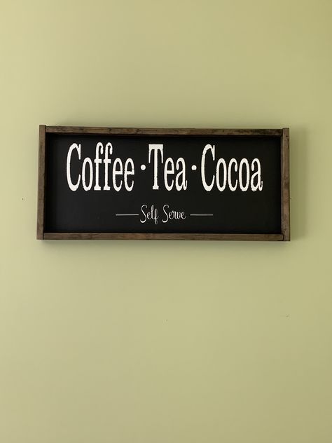 Coffee, tea and cocoa sign for a coffee bar. Coffee Signs Diy, Bar Signs Diy, Coffee And Tea Bar, Coffee Signage, Coffee Bar Station, Diy Coffee Bar, Bar Signage, Coffee Bar Design, Tea Station