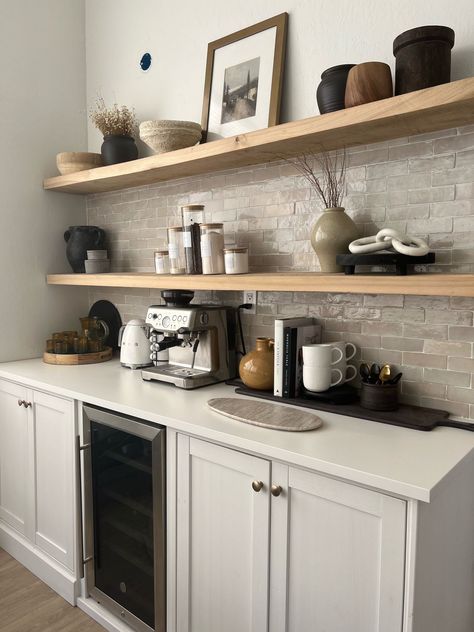 Breville Barista Express Espresso … curated on LTK Coffee Bar In Family Room, Coffee Bar Wall Shelves, Dinner And Living Room Together, Coffee Bars In Kitchen Modern, Ikea Coffee Bar, Console Table Coffee Bar, Coffee Bar Shelves, Modern Coffee Bar Ideas, Expresso Bar