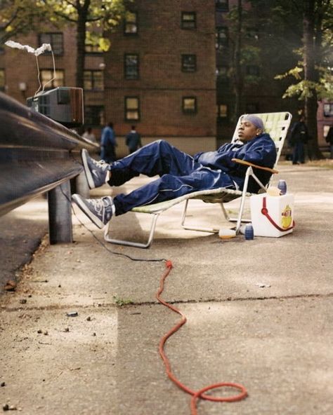 Jay-Z, photographed sitting outside his childhood home in the Marcy Houses for the December/January issue of BLAZE magazine by Chris Buck… Hip Hop Aesthetic, Estilo Cholo, Hip Hop Classics, Hip Hop And R&b, Hip Hop Art, 90s Hip Hop, Beach Chair, Hip Hop Rap, Billionaire Boys Club