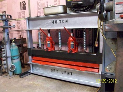 Shop Press and Brake by SMC Weldcraft  -- Homemade 40-ton shop press and 49" brake fabricated from steel beam, square tubing, angle iron, and flat bar. http://www.homemadetools.net/homemade-shop-press-and-brake Hydraulic Shop Press, Sheet Metal Brake, Hydraulic Ram, Metal Bender, Angle Iron, Welding Shop, Shop Press, Southern Maine, Metal Shaping