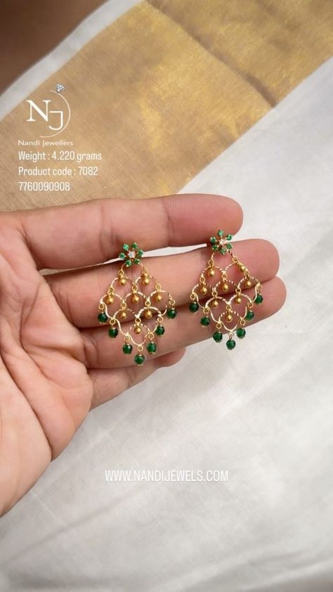 Beautiful Green Beads Hangings Earrings From 'Nandi Jewels' • South India Jewels Fashion Jewelry Necklaces Gold, Small Earrings Gold, Unique Gold Jewelry Designs, Gold Earrings Indian, Gold Jewels Design, Neck Pieces Jewelry, New Gold Jewellery Designs, Gold Earrings Models, Fancy Jewelry Necklace