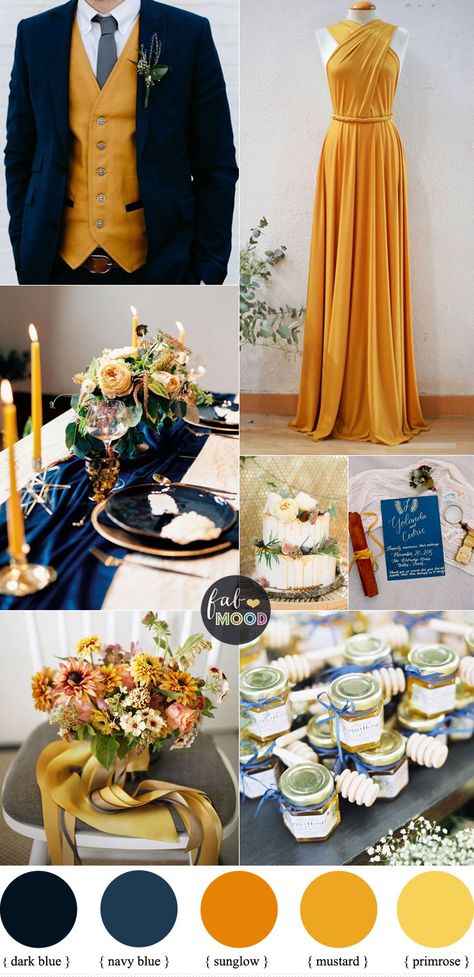 Beautiful fall color combinations of Mustard and Navy blue Color Combos { Primrose Yellow + Sunglow Yellow Pantone 2018 } #color #pantone #yellow #mustard #fallwedding #autumn #autumnwedding wedding Mustard Yellow Wedding, Fall Color Combinations, Blue Yellow Weddings, Mustard Wedding, Yellow Wedding Colors, Spring Wedding Outfit, Navy Wedding Colors, Yellow Pantone, Primrose Yellow