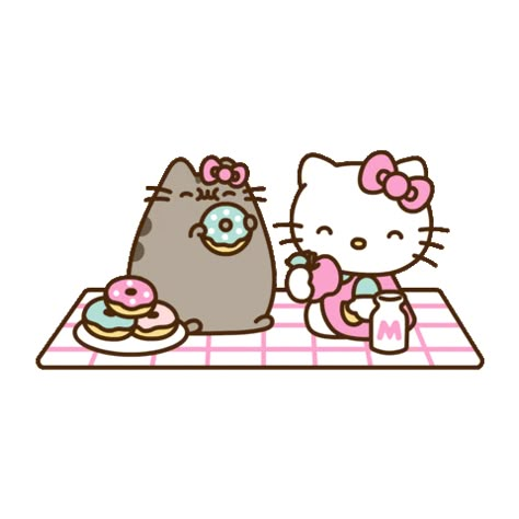 Hello Kitty And Pusheen, Discord Decor, Sanrio Gif, Eating Sticker, Hello Kitty Gif, Pusheen Gif, Hello Kitty X Pusheen, Ghost Banda, Happy 15th Anniversary