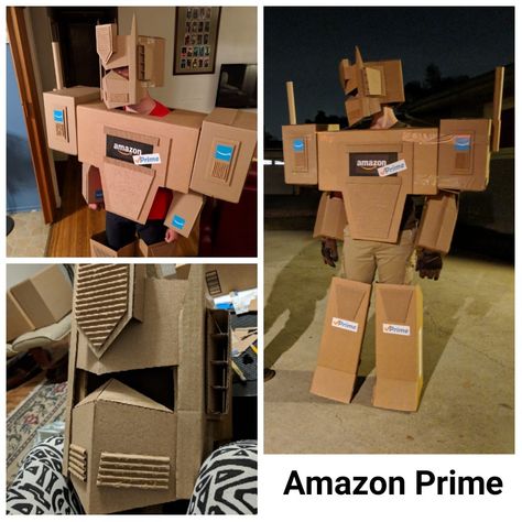 Amazon Prime Halloween Costume DIY Amazon Prime Costume Diy, Robot Costume Diy, Optimus Prime Halloween Costume, Transformer Halloween Costume, Cardboard Box Costume, Paper Mask Diy, Boys Halloween Costumes Diy, Rescue Bots Birthday, Cardboard Robot