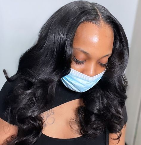 Leave In Sew Ins, Center Part Weave Sew Ins, Leave Put Sew In, Sew In Layers Weave, Different Types Of Sew Ins, Natural Leave Out Sew In, Layered Hair Sew In, Sew In Hairstyles With Leave Out Curls, Cute Sew Ins For Black Women