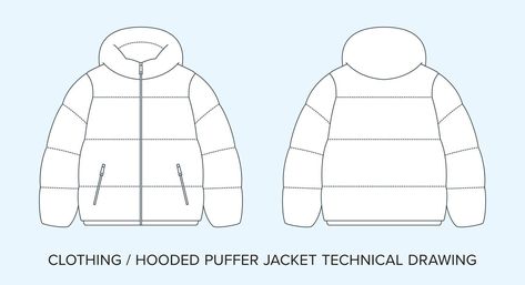 Hooded Puffer Jacket, Technical Drawing, Apparel Blueprint for Fashion Designers Puffer Jacket Art, Jacket Technical Drawing, Jacket Art, Hooded Puffer Jacket, Technical Drawing, Fashion Designers, Puffer Jacket, Vector Art, Vector Free