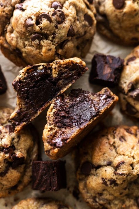 Vegan Brown Butter Brownie-Stuffed Chocolate Chip Cookies | The Banana Diaries Vegan Brown Butter, Cookies No Eggs, Desserts Brownies, Vegan Chocolate Chip Cookie Recipe, Banana Diaries, Healthy Vegan Cookies, Butter Sugar Cookies, Stuffed Cookies, Breakfast Bread Recipes