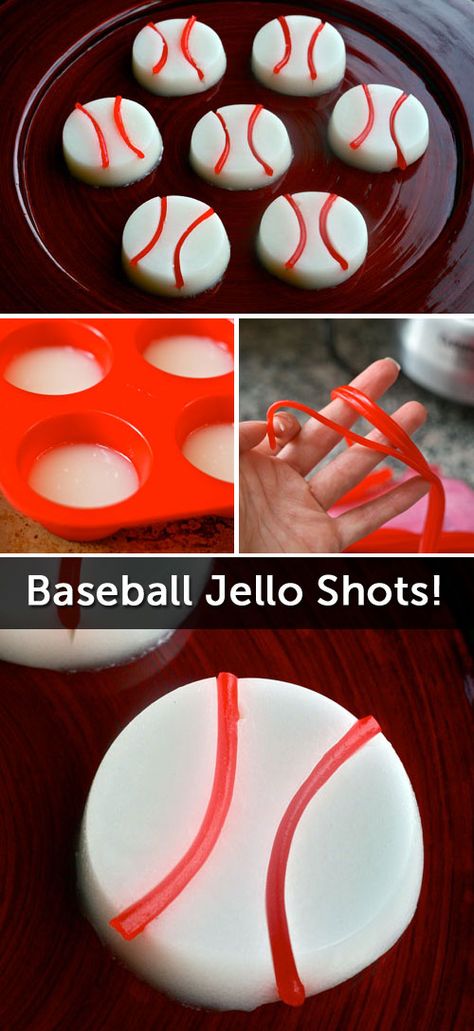 Hit a Home Run with these Baseball Jello Shots! (And yes, Pull N' Peel Twizzlers are involved.) Baseball Jello Shots, Bachelorette Jello Shots, Baseball Bachelorette Party, Baseball Tailgate, Baseball Desserts, Adult Snacks, Sports Snacks, Alcohol Games, Pudding Shots