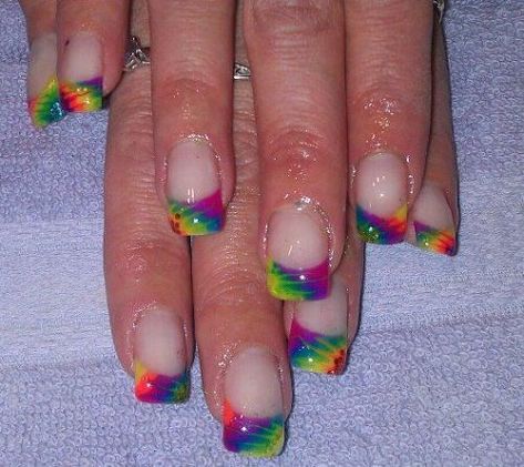 Day 201: Tie Dye French Nail Art - - NAILS Magazine Rainbow Nails Design, Nail Tip Designs, Tie Dye Nails, Colorful Nail, Trendy Nail Art Designs, French Nail Art, Nail Art Designs Summer, French Nail Designs, Pretty Nail Art Designs