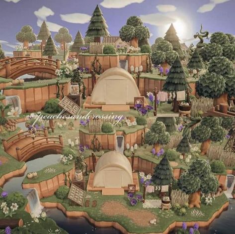 Judy Acnh House, Animal Crossing Pine Forest, Acnh Sunken Campsite, Animal Crossing Fake Bridge, Animal Crossing Cave Ideas, Anch Forestcore, Animal Crossing Forest Ideas, Acnh Museum Decoration, Acnh Forestcore Entrance