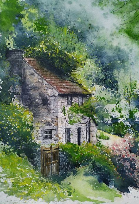 Yann Bouter - Maison en Forĕt Watercolor Scenery, Canvas Art Projects, Watercolor Architecture, Canvas Drawings, Architecture Drawing Art, Cottage Art, Landscape Art Painting, Watercolor Painting Techniques, 수채화 그림