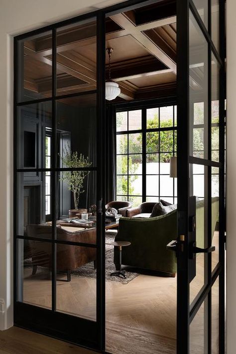 Black French Doors Interior, Home Office Glass Doors, Glass Office Doors, Office French Doors, Herringbone Hardwood Floors, Hilltop Estate, Black French Doors, Den Library, Homework Room