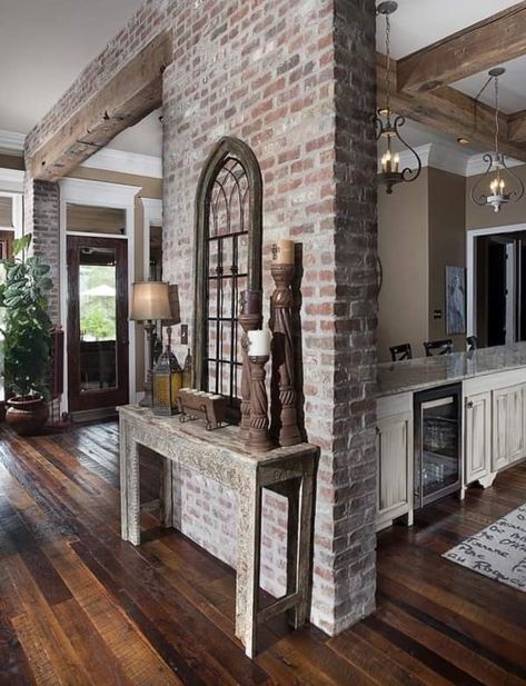 Brick Archway, Brick Accent Wall, Brick Columns, Brick Interior, Beautiful Entryways, Barn Style House, Updating House, Many Faces, Dream House Plans