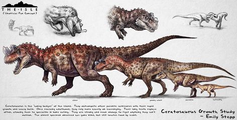 The Isle Ceratosaurus Growth Fan Concept by https://www.deviantart.com/emilystepp on @DeviantArt Jurassic Park Poster, Prehistoric Wildlife, All Dinosaurs, Dinosaur Drawing, Dinosaur Illustration, Ancient Animals, Paleo Art, Extinct Animals, Dinosaur Art