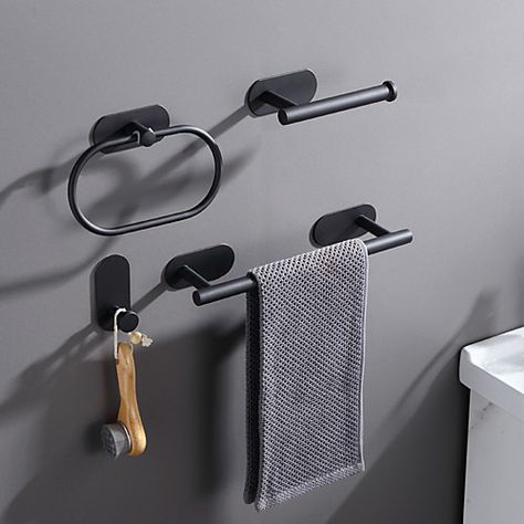 Quantity:4pcs; Type:Bathroom Accessory Set; Style:Modern; Installation Type:Wall Mounted; Material:Mixed Material; Suitable Rooms:Bathroom; Features:Multifunction,Self-adhesive; Net Dimensions:20413; Listing Date:10/25/2021; Production mode:Self-produce Black Bathroom Accessories Set, Toallero Ideas, Black Towel Bar, Gold Bad, Bad Accessoires, Gold Bathroom Accessories, Black Bathroom Accessories, Metal Bathroom, Towel Racks