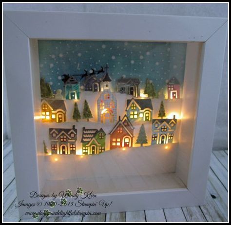 Box Frame Ideas, Christmas Box Frames, Shadowbox Ideas, Christmas Lights On House, Shadowbox Art, Christmas House Lights, Christmas Shadow Boxes, White Box Frame, Stampin Up Christmas