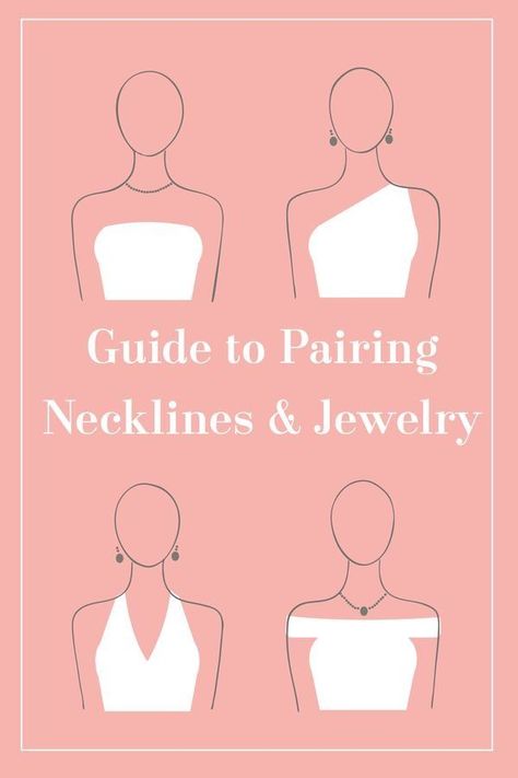 How to Wear Jewelry with Necklines | David's Bridal Strapless Dress Necklace, Bridal Jewelry Ideas Strapless Dress, Strapless Wedding Dress Jewelry, Prom Dress Jewelry, Neckline Guide, Necklace For Neckline, Strapless Dress Hairstyles, Wedding Dress Necklace, Dress Necklace