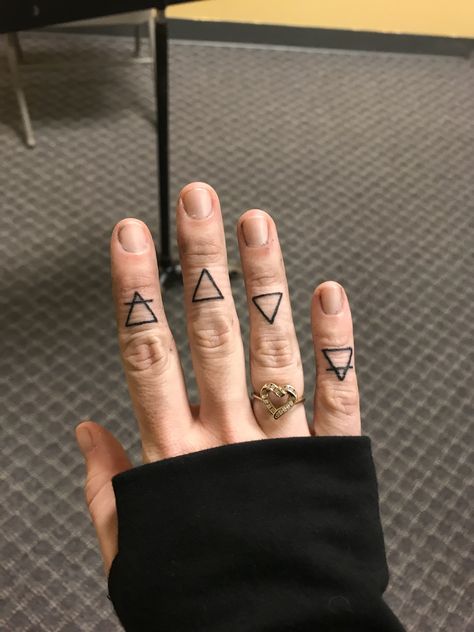 Earth Finger Tattoo, Earth Sign Finger Tattoo, Finger Tattoos Fire, Elements Finger Tattoo, Four Elements Finger Tattoo, Earth Air Water Fire Tattoos, Element Symbols Tattoo Finger, Element Finger Tattoo, Fire Element Symbol Tattoo