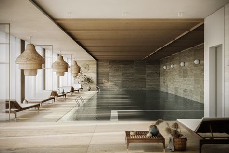 Inside Pool House Ideas, Spa Decor Ideas, Thermal Hotel, Indoor Pool Design, Indoor Swimming Pool, Spa Rooms, Spa Interior, Spa Decor, Hotel Interior Design