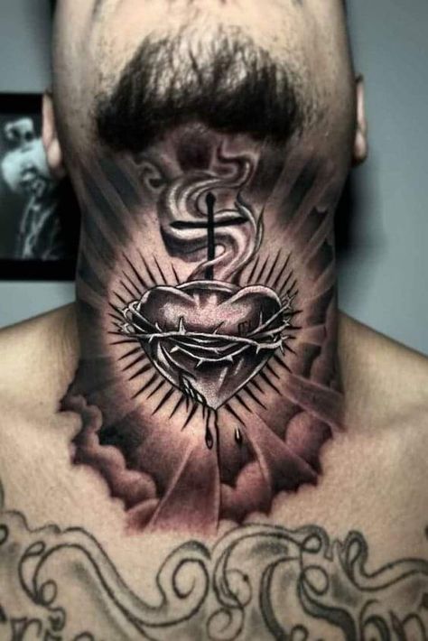 Geometric Tattoo Neck, Wing Neck Tattoo, Edge Tattoo, Arm Tattoos For Guys Forearm, Sacred Tattoo, Best Neck Tattoos, Sacred Heart Tattoos, African Tattoo, Christian Sleeve Tattoo