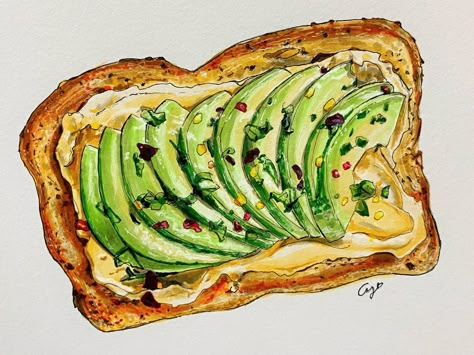 Mediterranean Toast, Avocado And Hummus, Healthy Food Illustration, Art Folio Ideas, Prints For Frames, Hummus Toast, Bday Brunch, Avocado Toast Breakfast, Folio Ideas