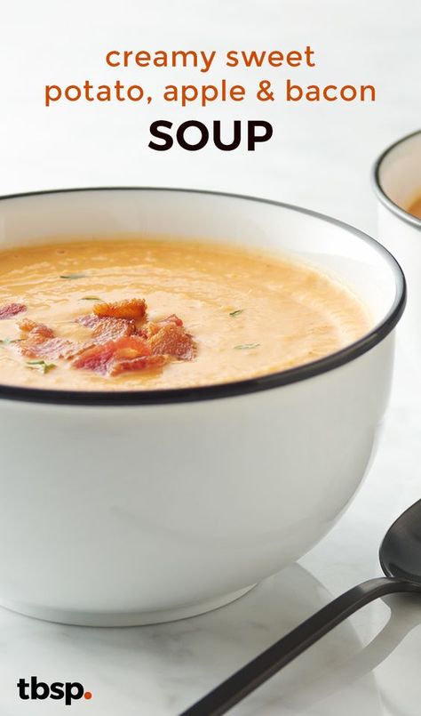 Sweet Potato Apple Bacon Soup, Autumn Soups And Stews, Sweet Potato Bacon Soup, Autumn Soup Recipes, Autumn Soups, Potatoes Soup, Autumn Meals, Autumn Cooking, Bacon Soup Recipes