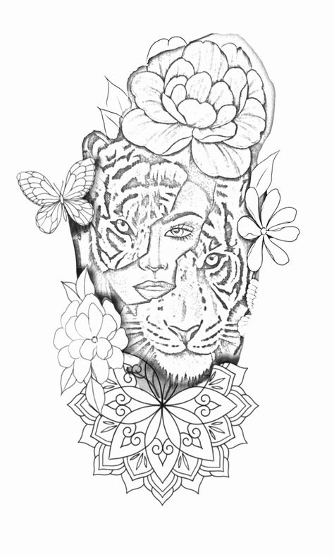 Female Strength Tattoo Sleeve, Lion With Flowers Tattoo For Women, Upper Arm Tattoos For Women Meaningful, Mandala Animal Tattoo, Jungle Tattoo Design, Leo Lion Tattoos For Women, Lion And Tiger Tattoo, Tiger With Flowers Tattoo, Jungle Theme Tattoo