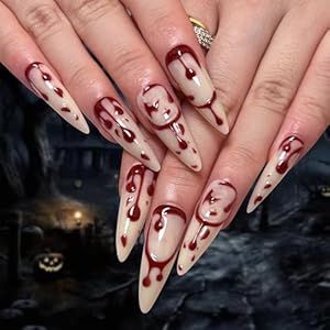 Halloween Press on Nails Long Almond Fake Nails with 3D Red Blood Drop Designs Glossy Glue on Nails Stiletto Acrylic Nails Halloween False Nails Stick on Nails for Women 24Pcs Oval Manicure, Nail Butterfly, Vampire Nails, Fake Nails Long, Long Almond, Halloween Press On Nails, Anime Nails, Nails Press, Nagel Tips