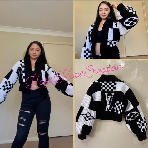 Inspired By LV.. Black and white Patch Crochet Cardigan, Crochet Black And White, Black And White Crochet, Black And White Cardigan, Crochet Cardigans, Crochet Hoodie, Crochet Black, Black And White Cardigans, Crochet Jumper